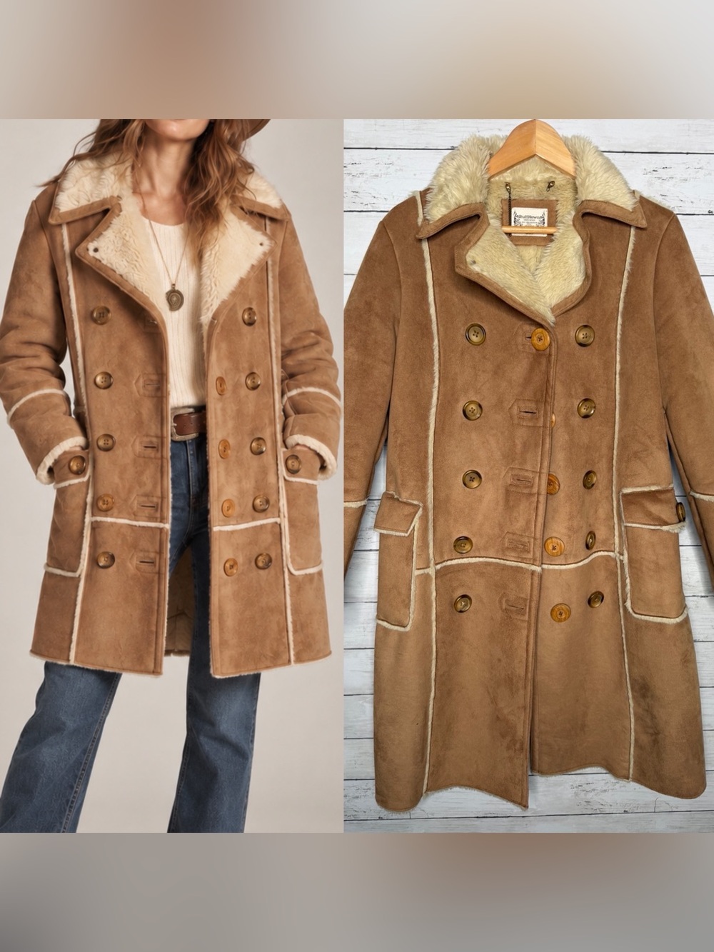Ruff Hewn Faux Suede Faux Shearling Coat Brown Boho Western Size S